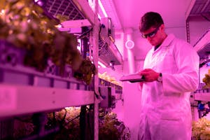 Photo by ThisIsEngineering Scientist in lab coat examining plants in a high-tech indoor farming setup with ultraviolet lighting.